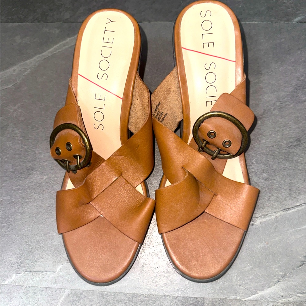 Sole Society Cognac Block Heel Sandals. Size 8.5